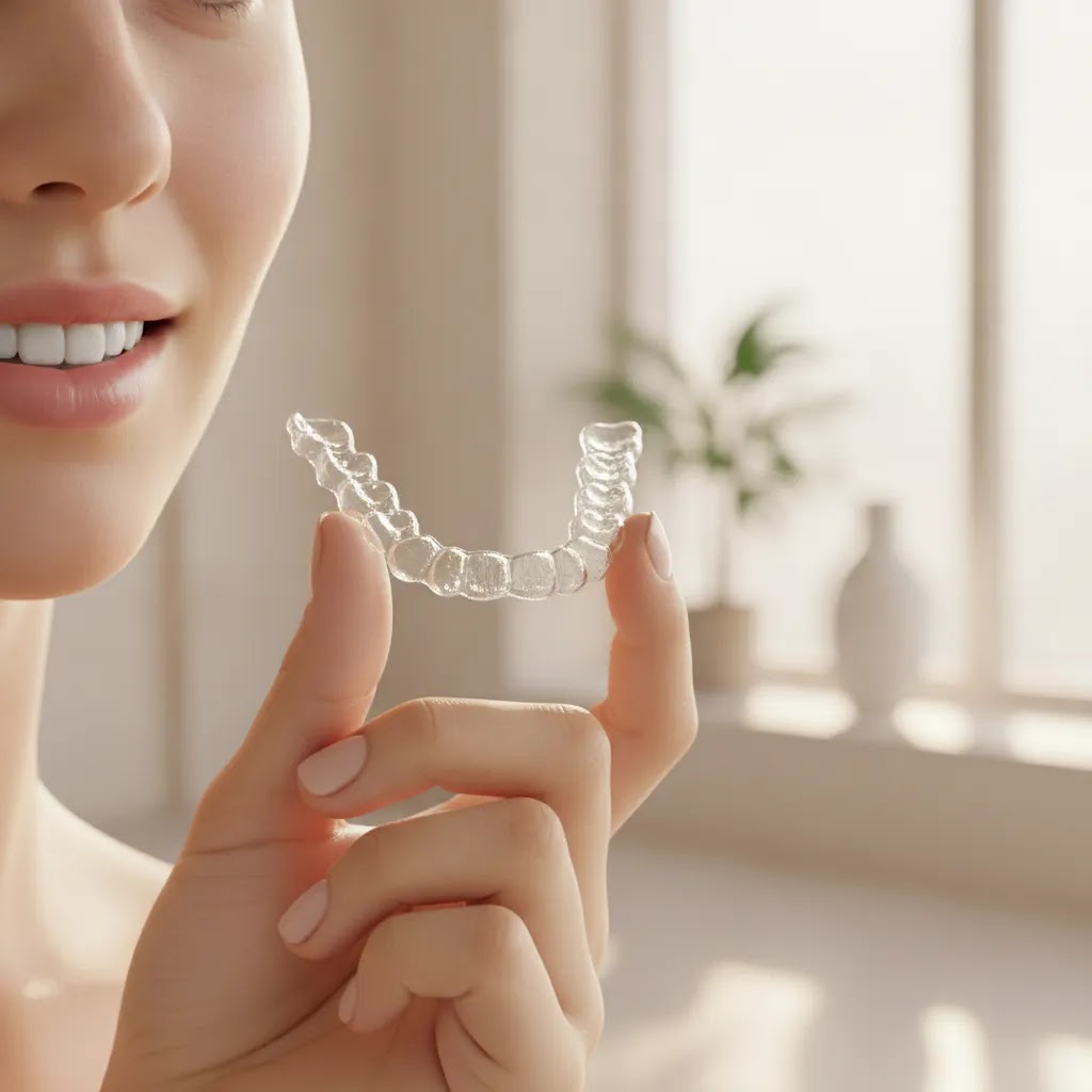 Clear aligners for buck teeth treatment showing modern teeth straightening and alignment