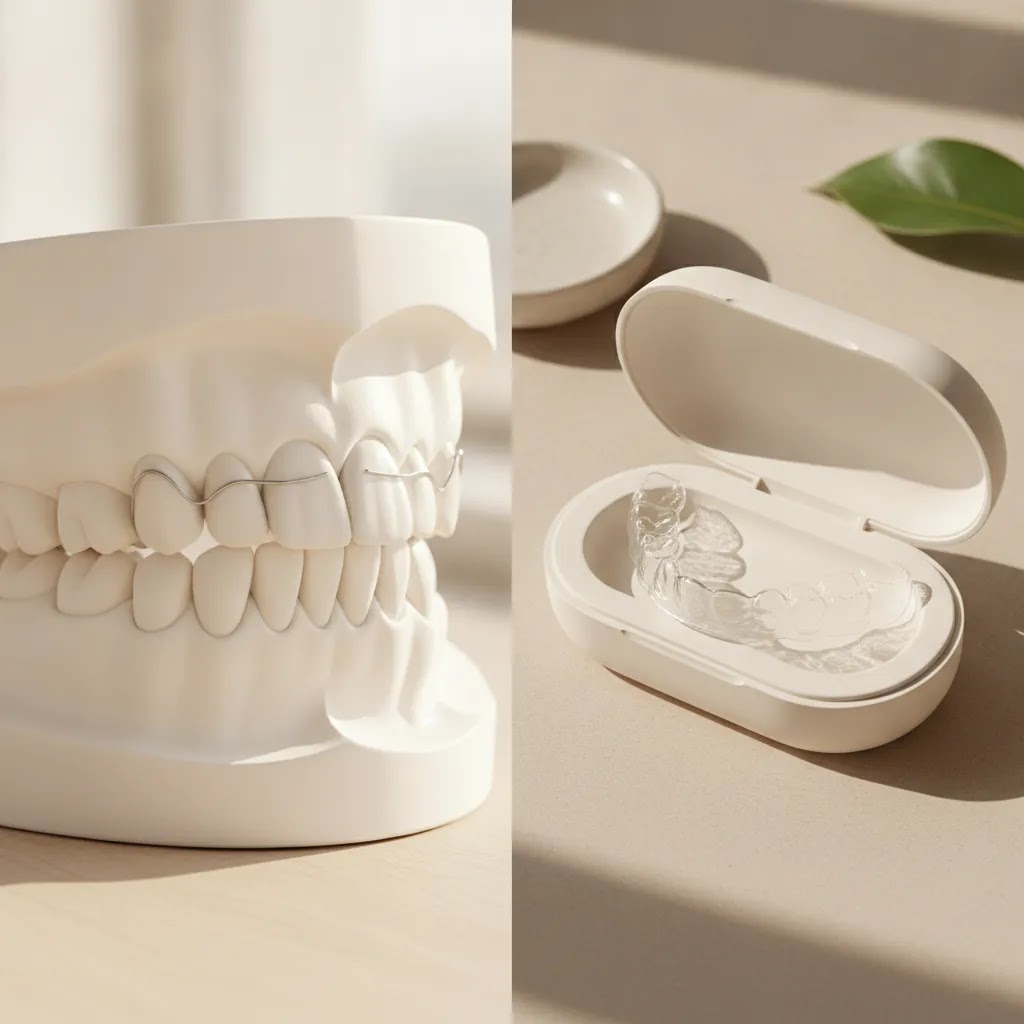 Permanent retainer vs removable side by side with fixed retainer wire and clear removable retainer